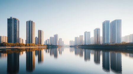Tall, modern buildings reflected in a wide, calm river, with the clear sky above adding to the serene scene. The image shows a perfect blend of nature and architecture.の素材