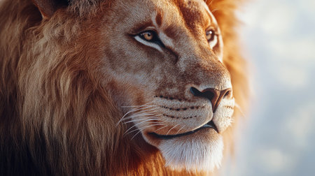 A close-up shot of a lion's head against a white background, focusing on the rich detail in its fur and the fierce expression that conveys its dominance.の素材
