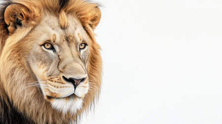 A close-up portrait of a lion's face on a white background, emphasizing the textures of its mane and the intensity in its eyes, symbolizing power and graceの素材
