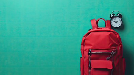A bright red backpack packed with school essentials and an alarm clock, set against a green background, ideal for back-to-school promotions with space for text.の素材