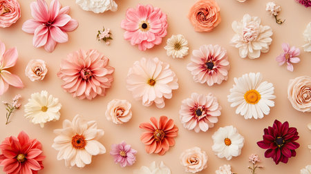 A visually pleasing flat lay of various flowers spread across a beige background, showcasing the delicate beauty of each bloom in a harmonious layout.の素材