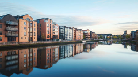 An urban scene with various buildings lining a riverside, their reflections mirrored perfectly in the water. Above, a beautiful, clear sky adds a sense of openness and tranquility.の素材