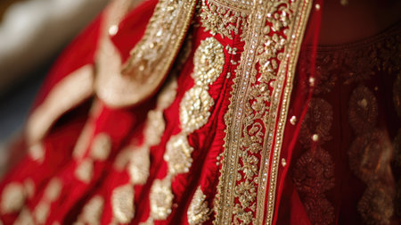 A detailed shot of a red bridal lehenga with gold embroidery, displayed in an opulent setting, highlighting the craftsmanship and elegance of Indian wedding fashion.の素材