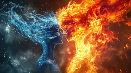 A surreal illustration of a fire-shaped woman intertwining with a water-shaped man, symbolizing the delicate balance between opposites in a harmonious relationship.の素材