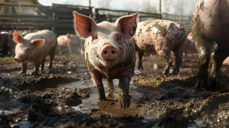 A close-up of a group of pigs enjoying a mud bath in a spacious outdoor pen. The natural setting highlights the contentment of the animals, with no humans around.の素材