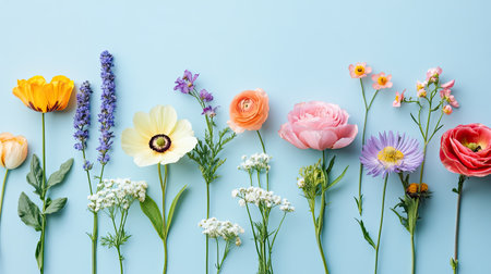 A diverse array of flowers, delicately arranged on a plain blue background, creating a simple yet eye-catching floral layout that exudes natural beauty and freshness.の素材