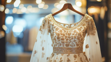 A beautiful white bridal lehenga with intricate gold detailing, elegantly displayed on a hanger in a posh shopping environment.の素材