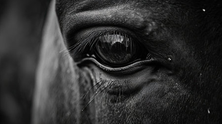 A detailed shot of a horse's eye, reflecting the landscape around it, with the softness of its eyelashes and surrounding fur in sharp focus. The scene is tranquil and free from human presence.の素材