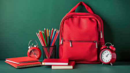 A red backpack and school supplies including an alarm clock, pencils, and notebooks, all neatly arranged on a green background, representing the excitement of back-to-school.の素材