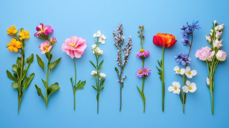 A collection of different flowers displayed on a clean blue background, forming a harmonious and aesthetically pleasing layout perfect for spring-themed visuals.の素材