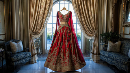 A rich red and gold bridal lehenga hanging in a lavish room, evoking the grandeur and cultural significance of Indian weddings.の素材