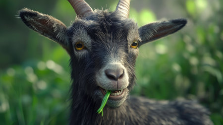 A close-up shot of a goat nibbling on a blade of grass, with the fine details of its fur and sharpness of its teeth clearly visible. The background is softly blurred, enhancing the natural setting.の素材