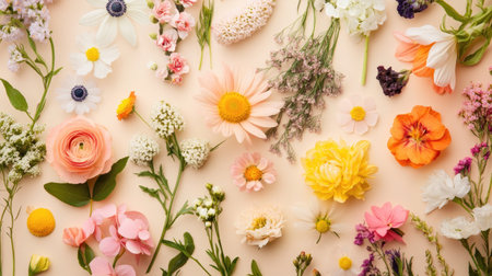 A flat lay design featuring different flowers on a beige background, offering a soft and refined floral arrangement perfect for nature-inspired visuals.の素材