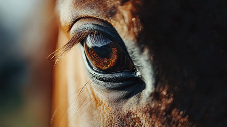 A detailed shot of a horse's eye, reflecting the landscape around it, with the softness of its eyelashes and surrounding fur in sharp focus. The scene is tranquil and free from human presence.の素材