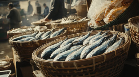 A market scene featuring fresh mackerel in small baskets, emphasizing the natural beauty and simplicity of the fish and the rustic charm of the market.の素材