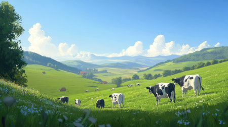 A picturesque dairy farm with rows of cows grazing in a lush green pasture, backed by a clear blue sky. The scene is tranquil and untouched by human presence.の素材