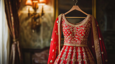 A luxurious Indian bridal lehenga in red and gold, elegantly displayed on a hanger in a richly decorated interior, capturing the essence of a traditional wedding.の素材