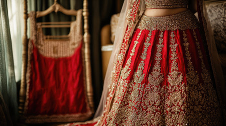 A detailed shot of a red bridal lehenga with gold embroidery, displayed in an opulent setting, highlighting the craftsmanship and elegance of Indian wedding fashion.の素材