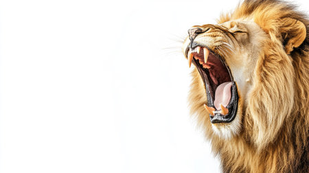A lion mid-roar on a white background, mouth wide open, and teeth bared, capturing the raw power and intensity of the king of the jungle.の素材