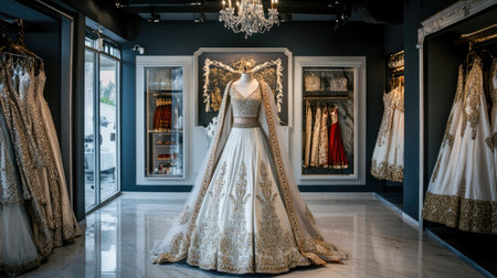 A white and gold Indian wedding dress displayed in a luxury boutique, perfect for showcasing the sophistication and grace of bridal fashion.の素材