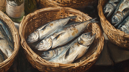 A market scene featuring fresh mackerel in small baskets, emphasizing the natural beauty and simplicity of the fish and the rustic charm of the market.の素材