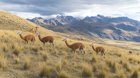 A small herd of alpacas grazing on a hillside, surrounded by tall grasses and distant mountains. The peaceful scene is free from any human presence.の素材