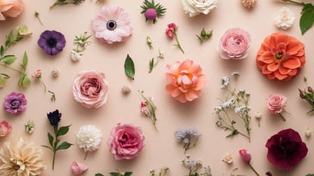 A flat lay design featuring different flowers on a beige background, offering a soft and refined floral arrangement perfect for nature-inspired visuals.の素材