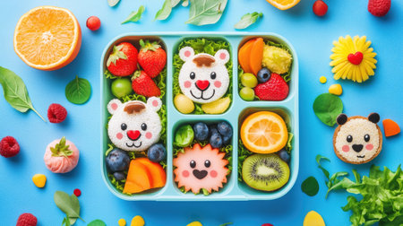 A creative school lunchbox with food shaped into charming animal faces, colorful fruits, and snacks on a vibrant, monochromatic background. Top-down view for a playful, appetizing presentation.の素材