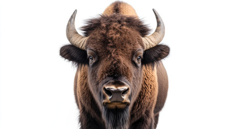 A bison captured in a head-on view on a white background, with its muscular frame and fur bristling, presenting a formidable and majestic presence.の素材