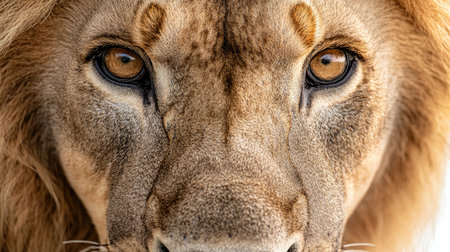 Intense close-up of a lion's eyes and mane, isolated against a white background, showcasing the regal beauty and commanding presence of this iconic predator.の素材