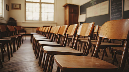 An empty classroom with neatly aligned vintage wooden chairs, exuding a classic back-to-school vibe, ideal for educational-themed visuals with a nostalgic touch.の素材