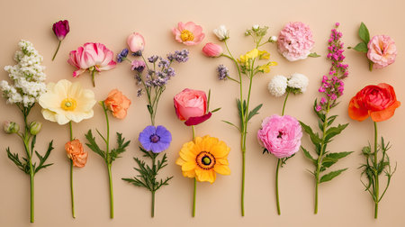 A flat lay of assorted beautiful flowers artistically arranged on a beige background, creating a soft and elegant composition that highlights natural beauty.の素材