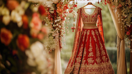 A rich red and gold bridal lehenga hanging in a lavish room, evoking the grandeur and cultural significance of Indian weddings.の素材
