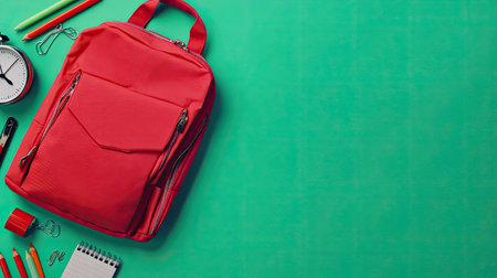 Red backpack, alarm clock, and school supplies on a vibrant green background, symbolizing the back-to-school theme, with room for advertising or promotional content.の素材