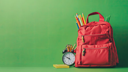 A vibrant red backpack filled with school supplies, accompanied by an alarm clock, set against a bright green background, symbolizing the back-to-school season with space for text.の素材
