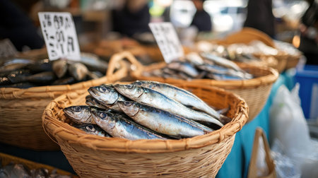 Mackerel in small traditional baskets at a market, with a focus on the fresh catch and the artisanal baskets used for display, reflecting a sense of local tradition.の素材
