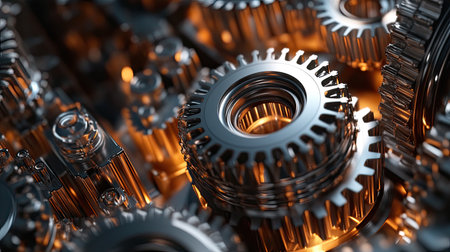 3D engine gears in a close-up view, showcasing intricate details that represent cutting-edge technology and innovation. The metallic textures and precise design emphasize the fusion of art and engineeringの素材