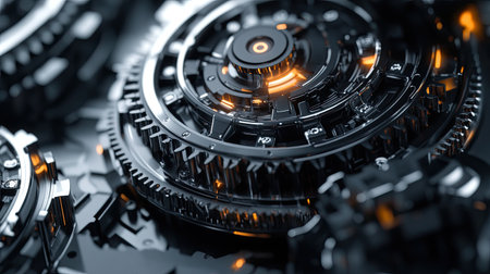 A futuristic display of 3D engine gears, highlighting their role in driving technological progress. The gears are intricately designed, with a focus on innovation and mechanical sophistication.の素材