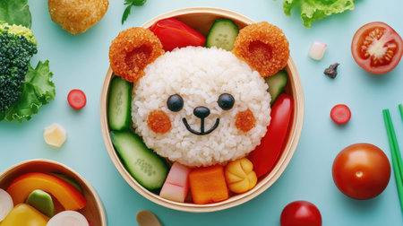 A bento box featuring rice molded into the shape of an adorable bear, surrounded by colorful vegetables, on a single-color background. The top-down view highlights the cute and creative food design.の素材