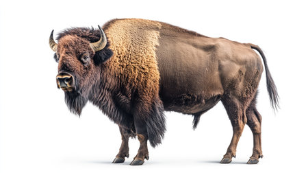 A bison standing strong on a white background, its massive frame and thick fur highlighted, with its head slightly turned, showcasing its power.の素材