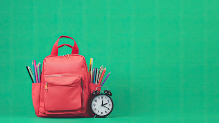 A vibrant red backpack filled with school supplies, accompanied by an alarm clock, set against a bright green background, symbolizing the back-to-school season with space for text.の素材
