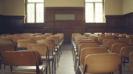 A serene, empty classroom with wooden chairs in a vintage style, capturing the essence of a traditional school setting perfect for back-to-school concepts.の素材