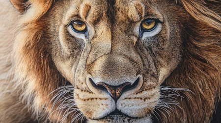 Detailed close-up of a lion's piercing gaze, with its mane and features sharply defined against a clean white background, capturing the essence of strength and nobility.の素材