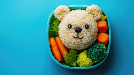 A cute bear-shaped rice ball in a lunchbox, with vibrant sides like carrots and broccoli, set against a solid color background. The scene is perfect for showcasing fun and healthy eating.の素材
