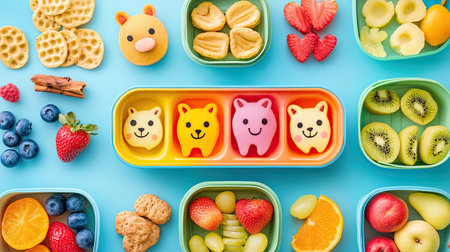 A creative school lunchbox with food shaped into charming animal faces, colorful fruits, and snacks on a vibrant, monochromatic background. Top-down view for a playful, appetizing presentation.の素材