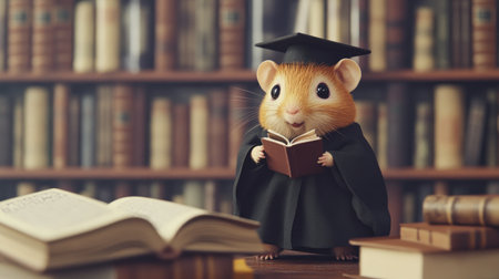 A whimsical scene of a hamster wearing a graduation gown, posing proudly in front of a row of books in a library. The setting exudes a cute and scholarly charm, perfect for celebrating milestones.の素材