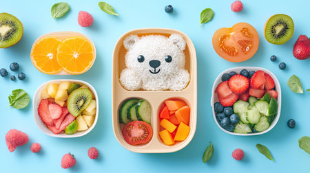 A delightful lunchbox featuring rice sculpted into a bear, with complementary sides of fruit and veggies, laid out on a single-color background. The design is both cute and delicious.の素材