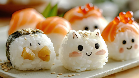 A close-up of creative sushi art featuring adorable animals made from rice, fish, and sesame seeds. The intricate details showcase the artistry and fun of turning food into cute animal shapes.の素材