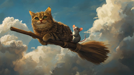 A playful scene of a cat riding a broomstick, floating high in the sky, with a mouse companion sitting at the back. Both animals appear joyful and whimsical in their magical flight.の素材