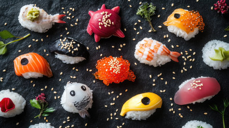 A top-down view of sushi art, where rice and fish are transformed into adorable animal figures, accented with sesame seeds for added detail. The scene is both creative and appetizing.の素材